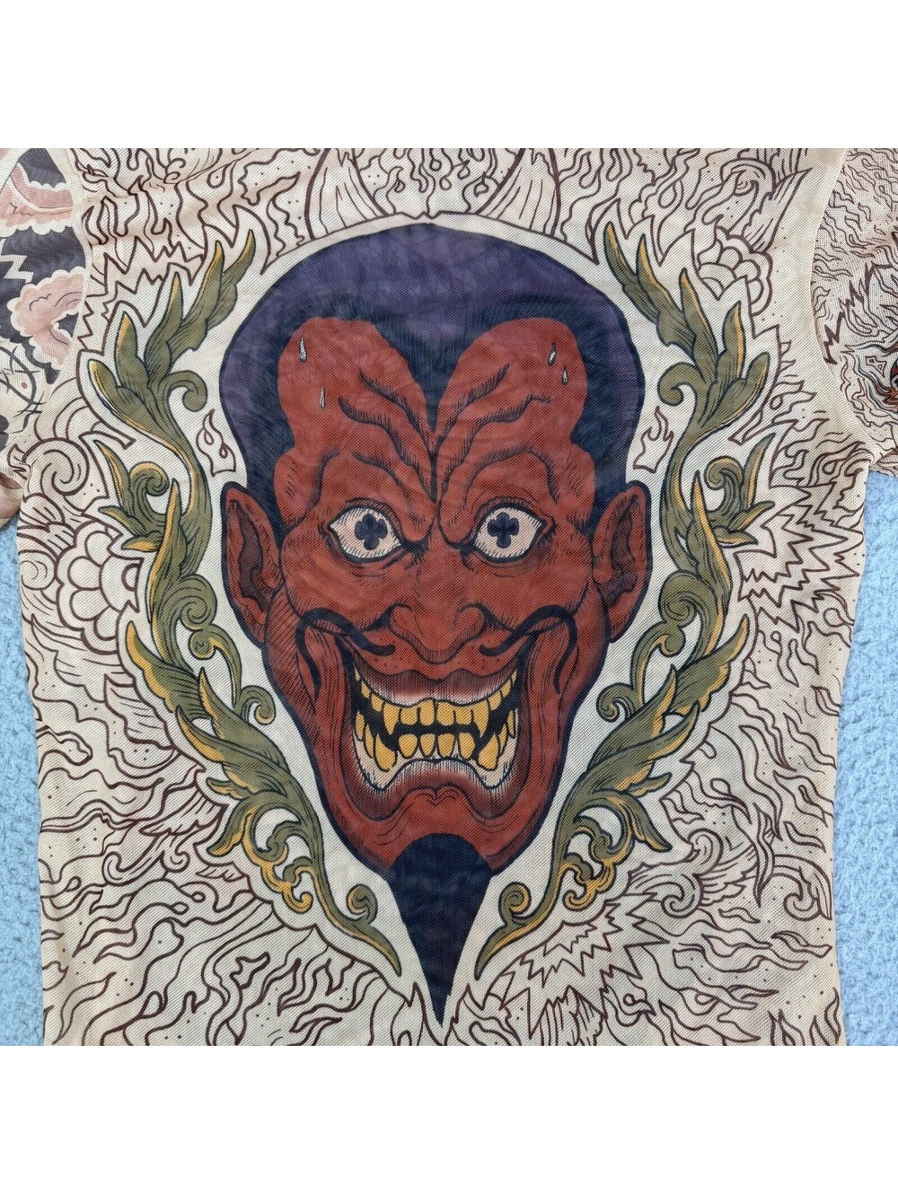Miami Ink Tattoo Mesh Shirt Womens Sz S Y2K Graphic Tee Gothic Snake Devil - Picture 14 of 14
